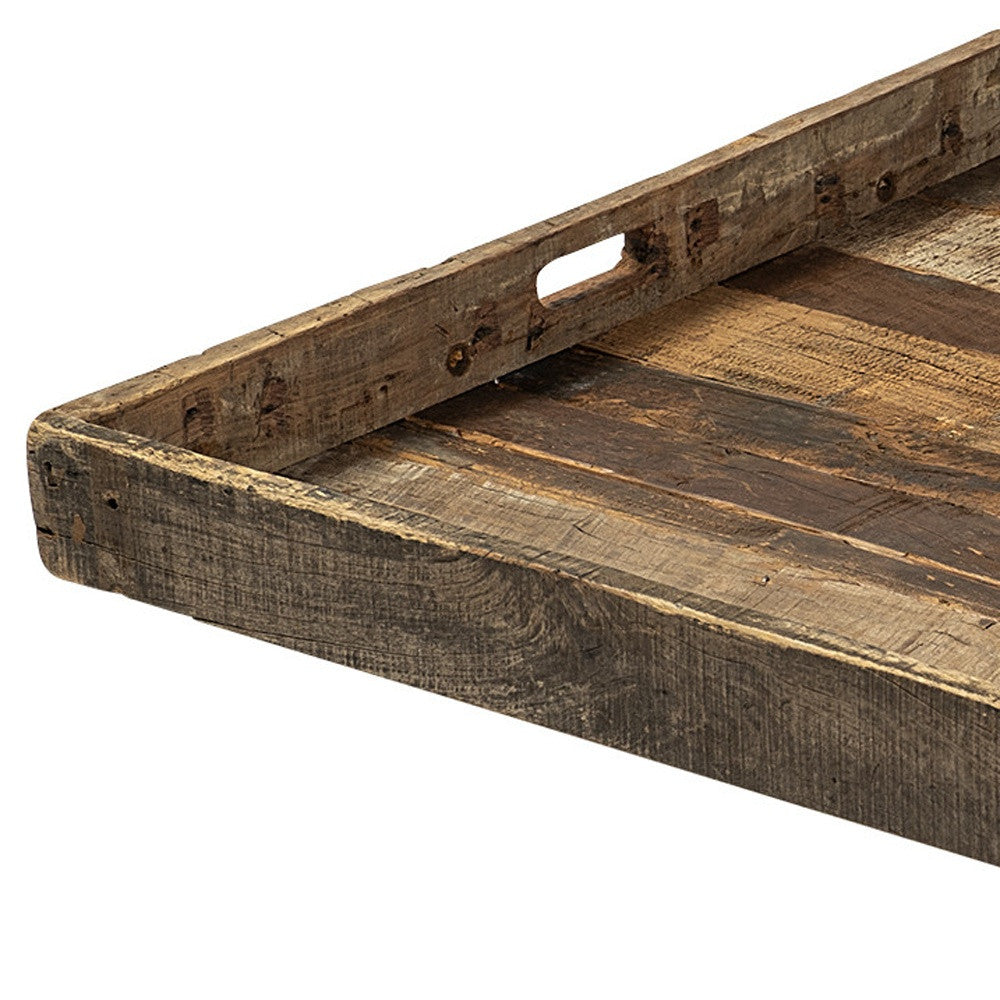 30" Brown Square Reclaimed Wood Serving Tray With Handles