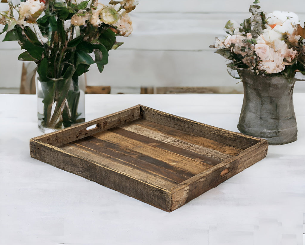 30" Brown Square Reclaimed Wood Serving Tray With Handles