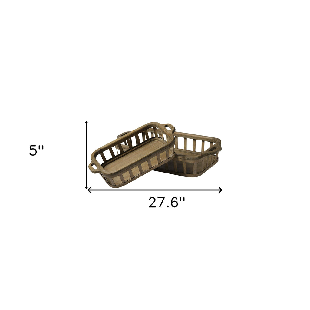 Set of Two Brown Wood Indoor Outdoor Tray With Handles