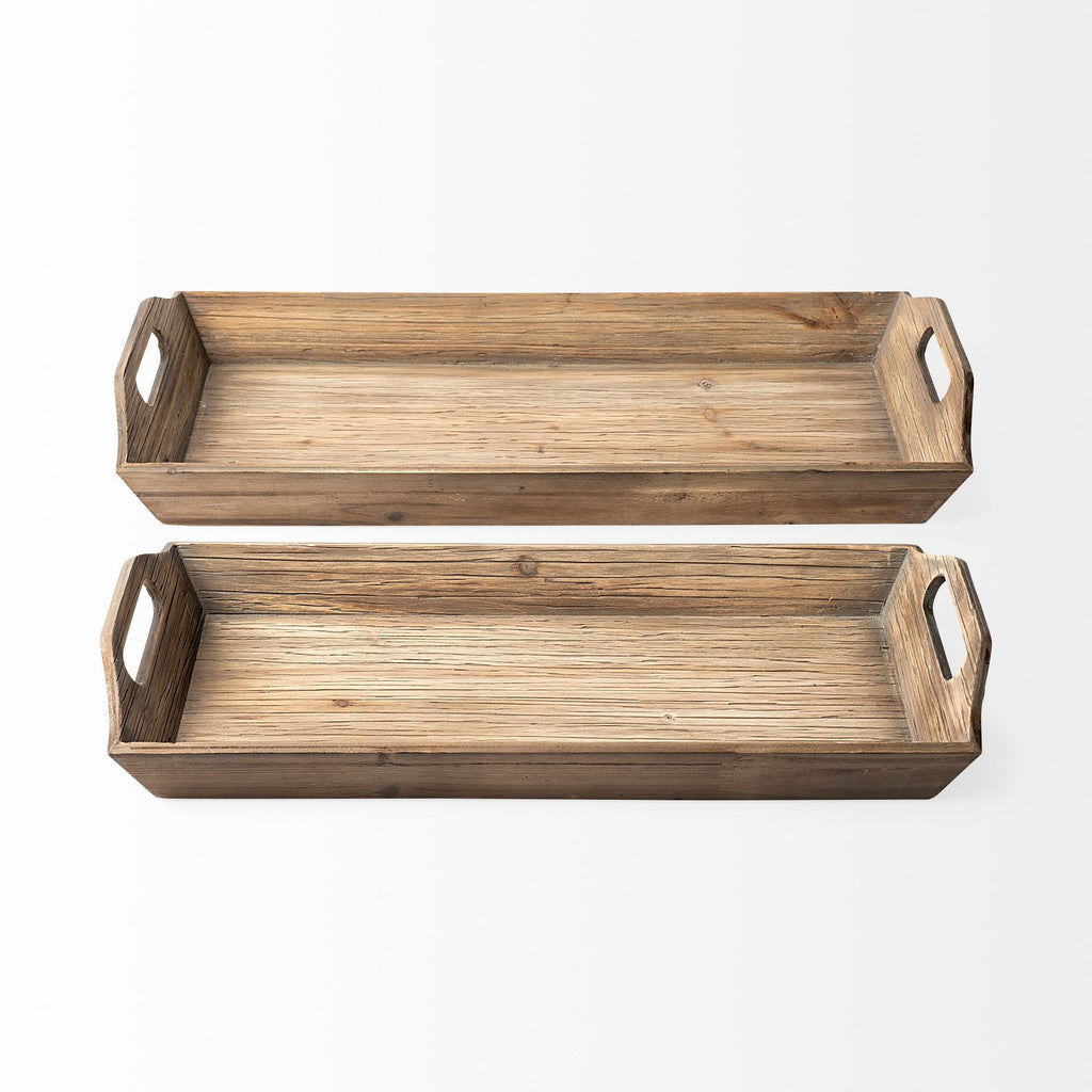 Set Of 2 Natural Brown Wood With Grains And Knots Highlight Trays