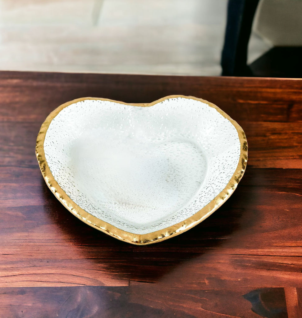 LuxxHomes  8" Mouth Blown Seeded Glass Heart Plate with Gold Rim