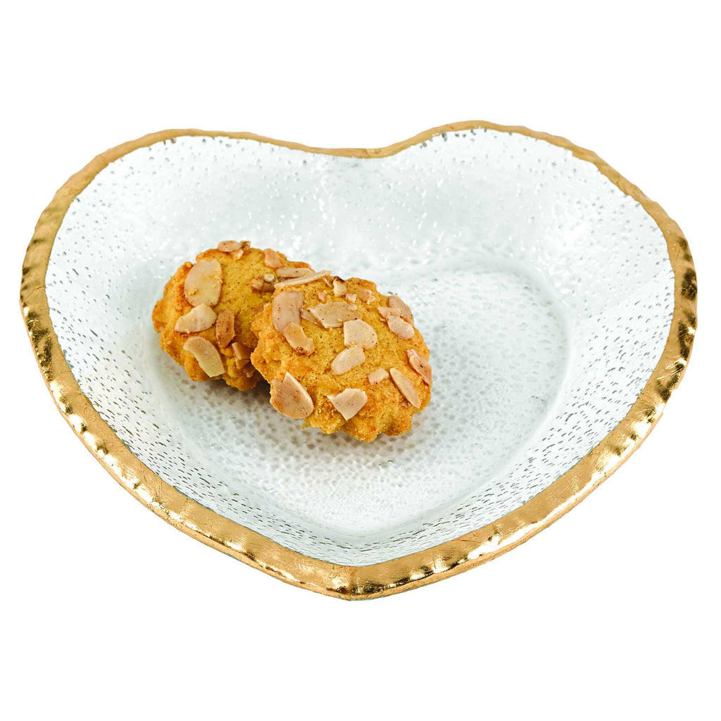 LuxxHomes  8" Mouth Blown Seeded Glass Heart Plate with Gold Rim