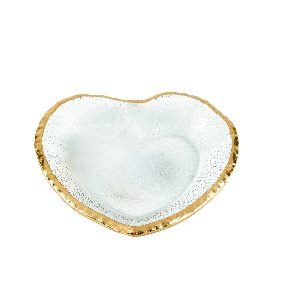 LuxxHomes  8" Mouth Blown Seeded Glass Heart Plate with Gold Rim