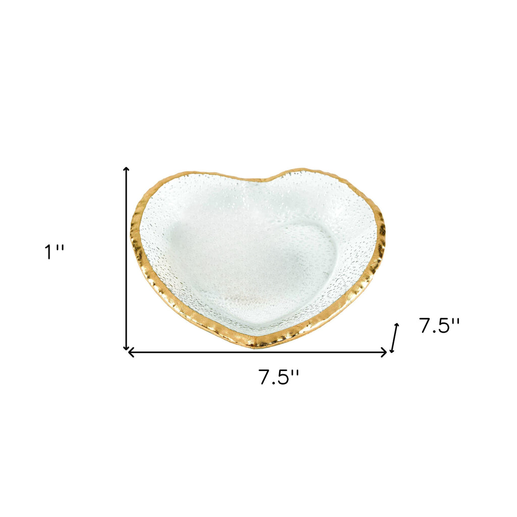 LuxxHomes  8" Mouth Blown Seeded Glass Heart Plate with Gold Rim