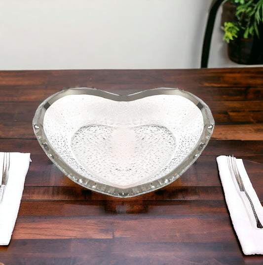 LuxxHomes  8" Mouth Blown Seeded Glass Heart Plate with Silver Rim