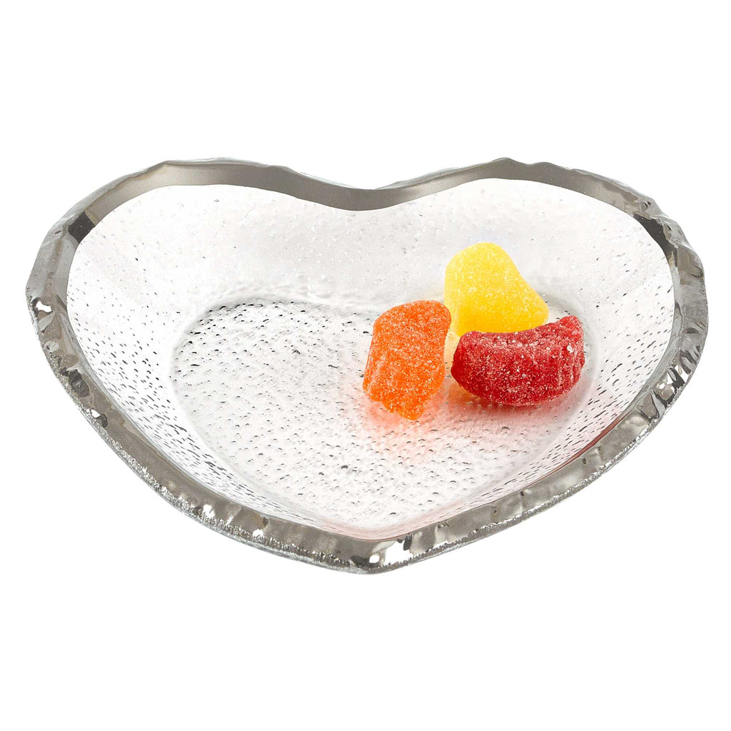 LuxxHomes  8" Mouth Blown Seeded Glass Heart Plate with Silver Rim