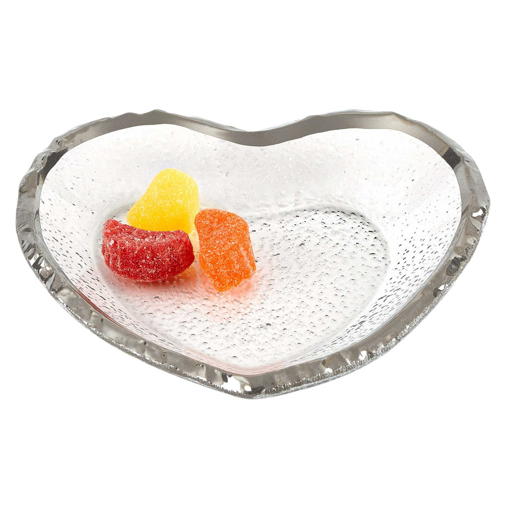 LuxxHomes  8" Mouth Blown Seeded Glass Heart Plate with Silver Rim