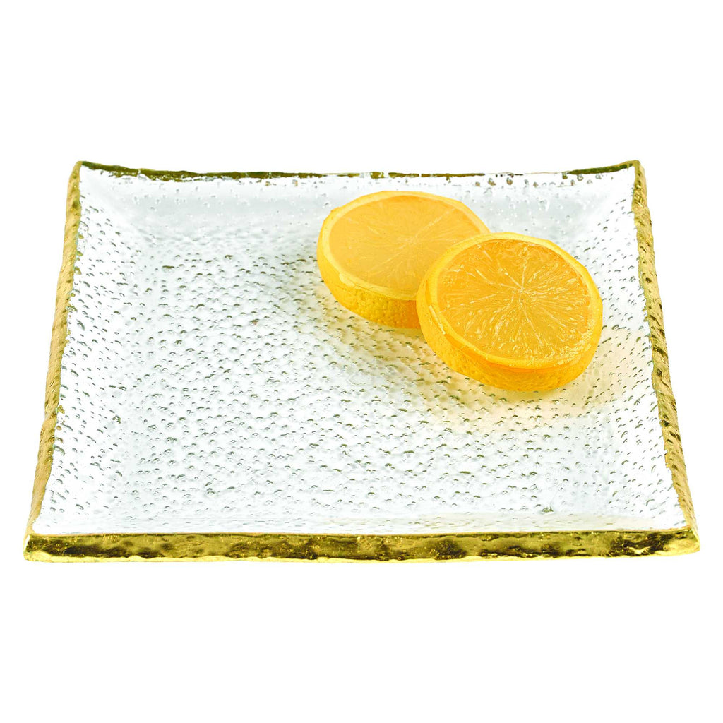 LuxxHomes  7 Glass Set Of 4 Square Edge Gold Plates