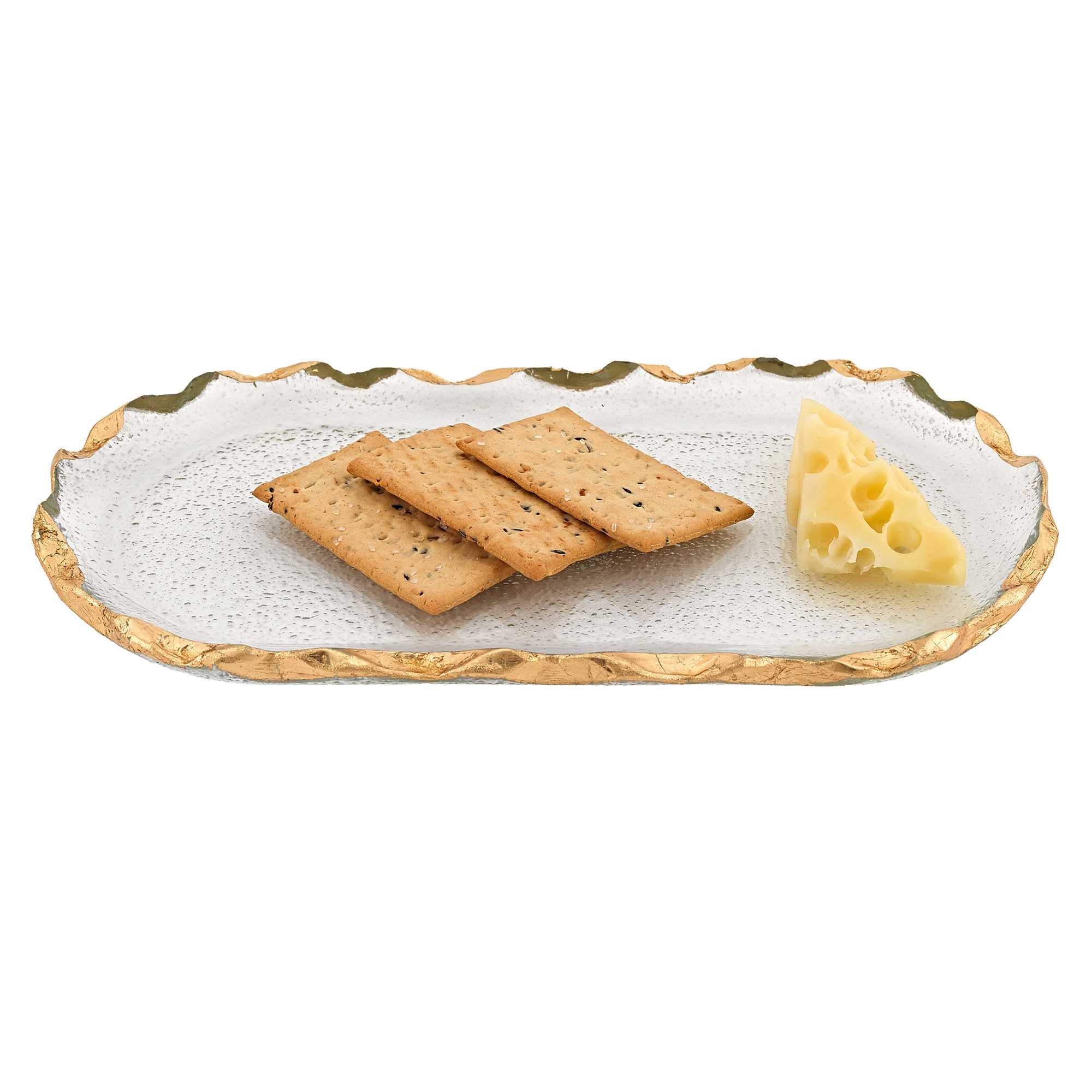 LuxxHomes  14 Glass Oval Edge Gold Leaf Platter