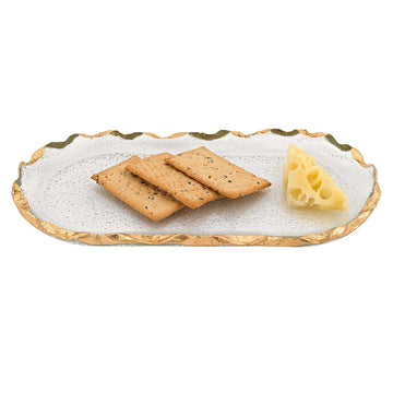 LuxxHomes  14 Glass Oval Edge Gold Leaf Platter