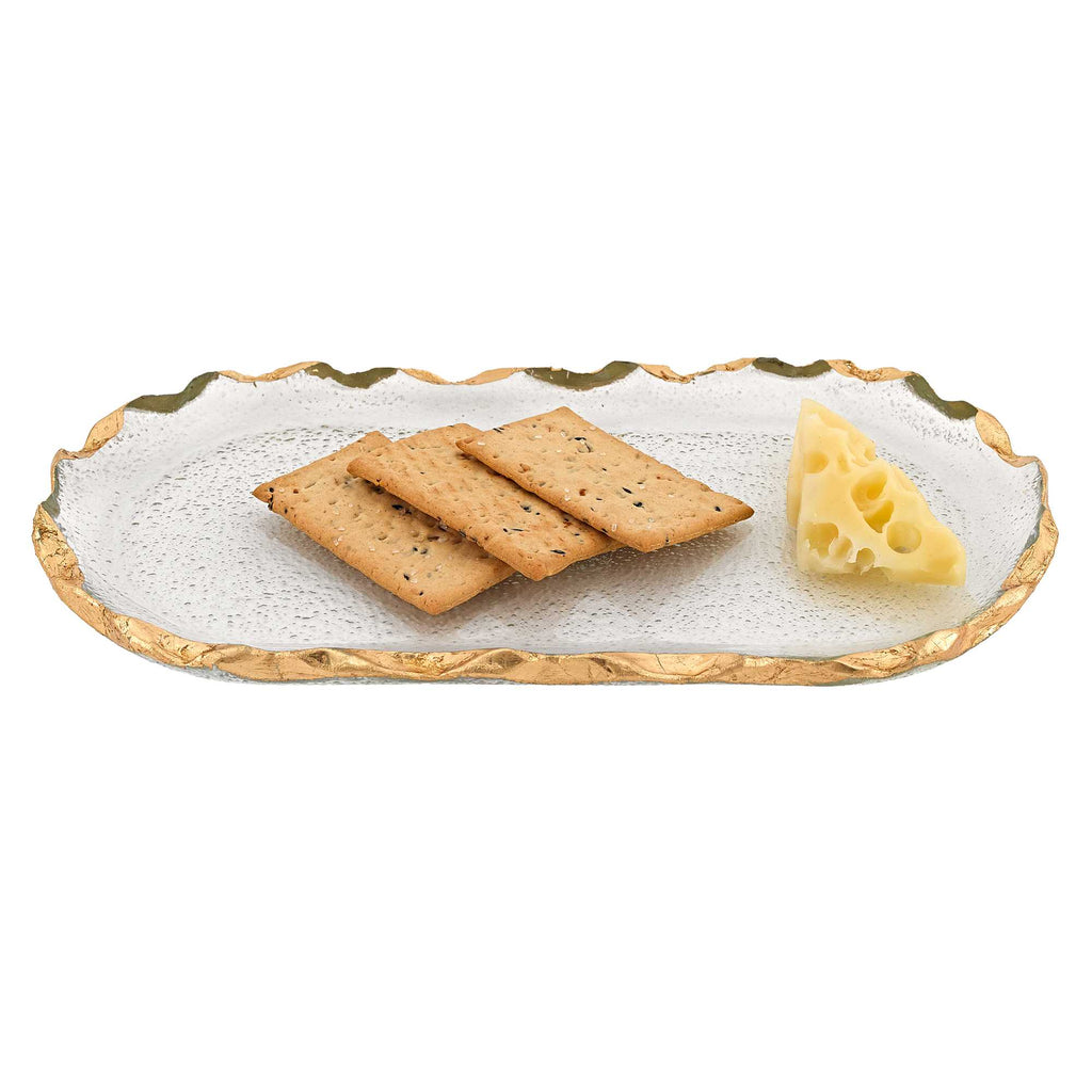 LuxxHomes  14 Glass Oval Edge Gold Leaf Platter