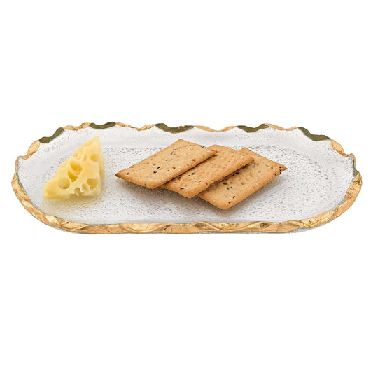 LuxxHomes  14 Glass Oval Edge Gold Leaf Platter