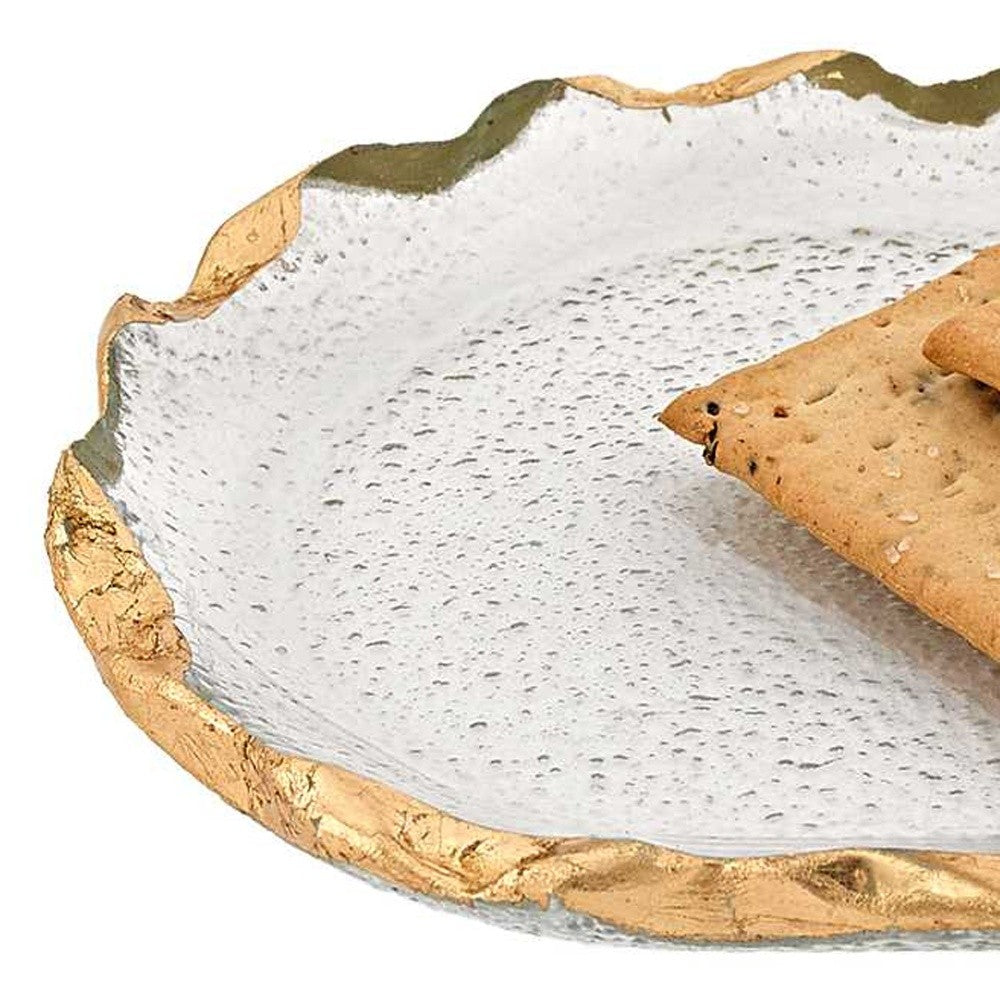 LuxxHomes  14 Glass Oval Edge Gold Leaf Platter