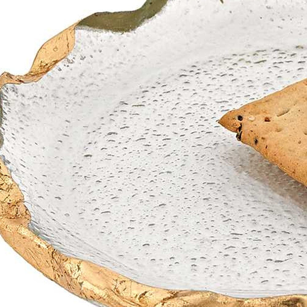 LuxxHomes  14 Glass Oval Edge Gold Leaf Platter