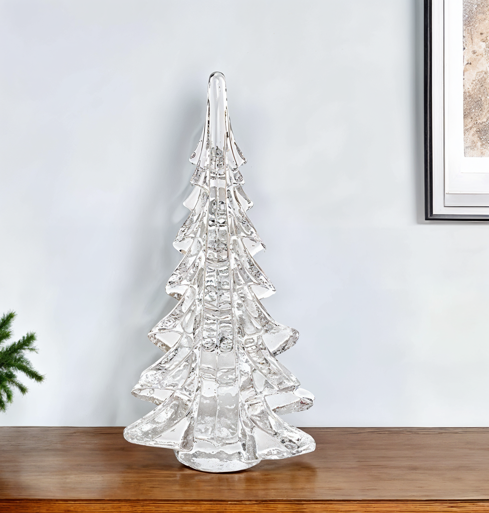 12" Mouth Blown Clear Glass Christmas Tree Sculpture