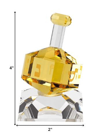 3 Mouth Blown Amber Dreidel On Crystal Stand