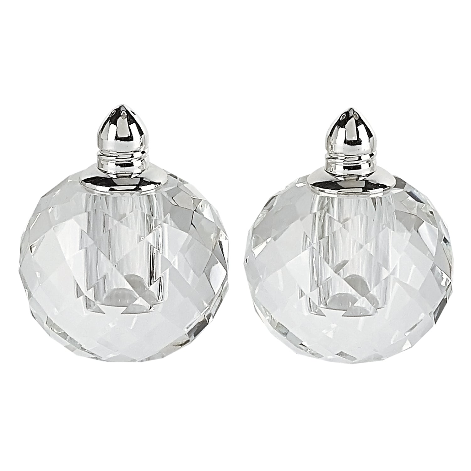 LuxxHomes  Handcrafted Optical Crystal And Silver Rounded Salt And Pepper Shakers