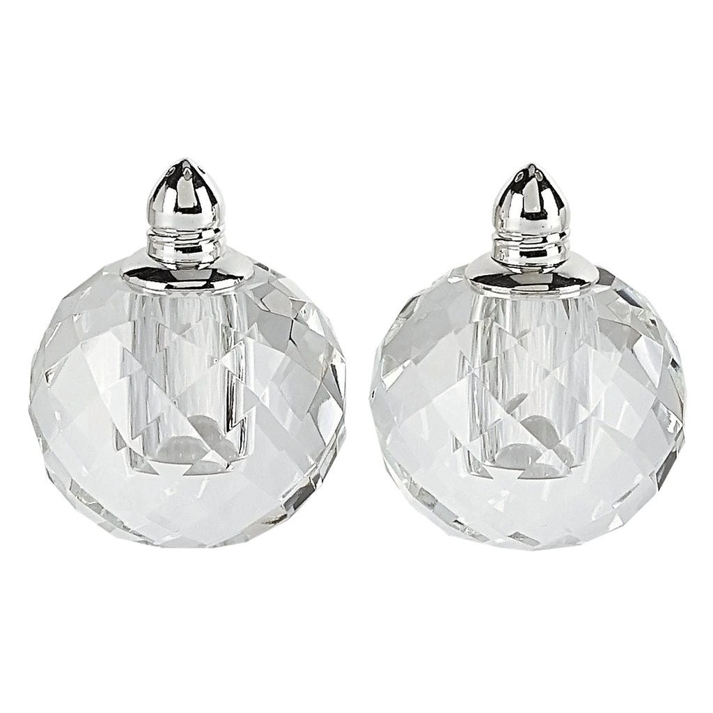 LuxxHomes  Handcrafted Optical Crystal And Silver Rounded Salt And Pepper Shakers