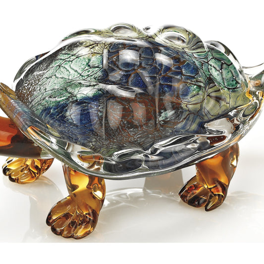 7" Clear Brown and Green Murano Glass Turtle Figurine Tabletop Sculpture