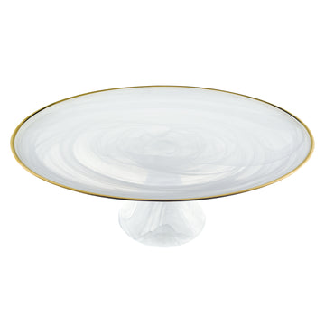 LuxxHomes  Handcrafted Optical Glass And White Gold Footed Cakestand With Gold Rim