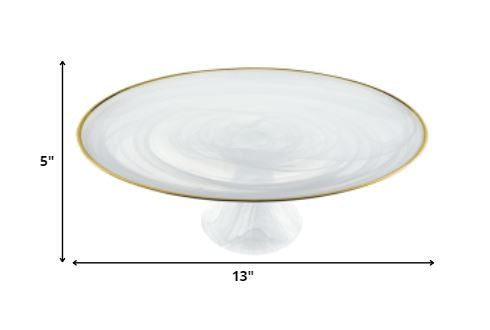 LuxxHomes  Handcrafted Optical Glass And White Gold Footed Cakestand With Gold Rim