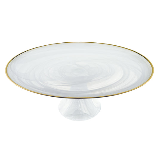 LuxxHomes  Handcrafted Optical Glass And White Gold Footed Cakestand With Gold Rim