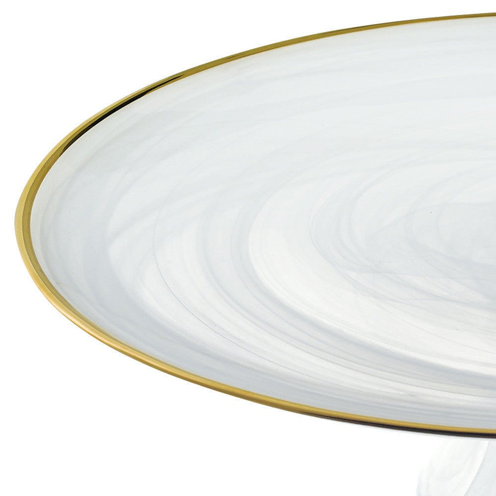 LuxxHomes  Handcrafted Optical Glass And White Gold Footed Cakestand With Gold Rim