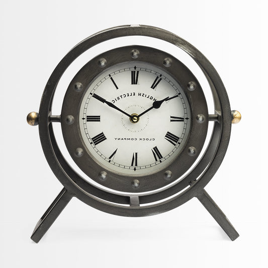 Gray Metal Circular Desk  Table Clock With Rivet Detail Frame