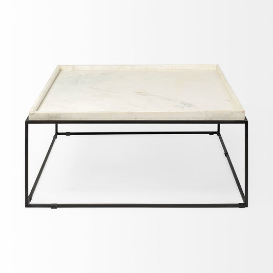 36" White And Black Genuine Marble And Metal Square Coffee Table