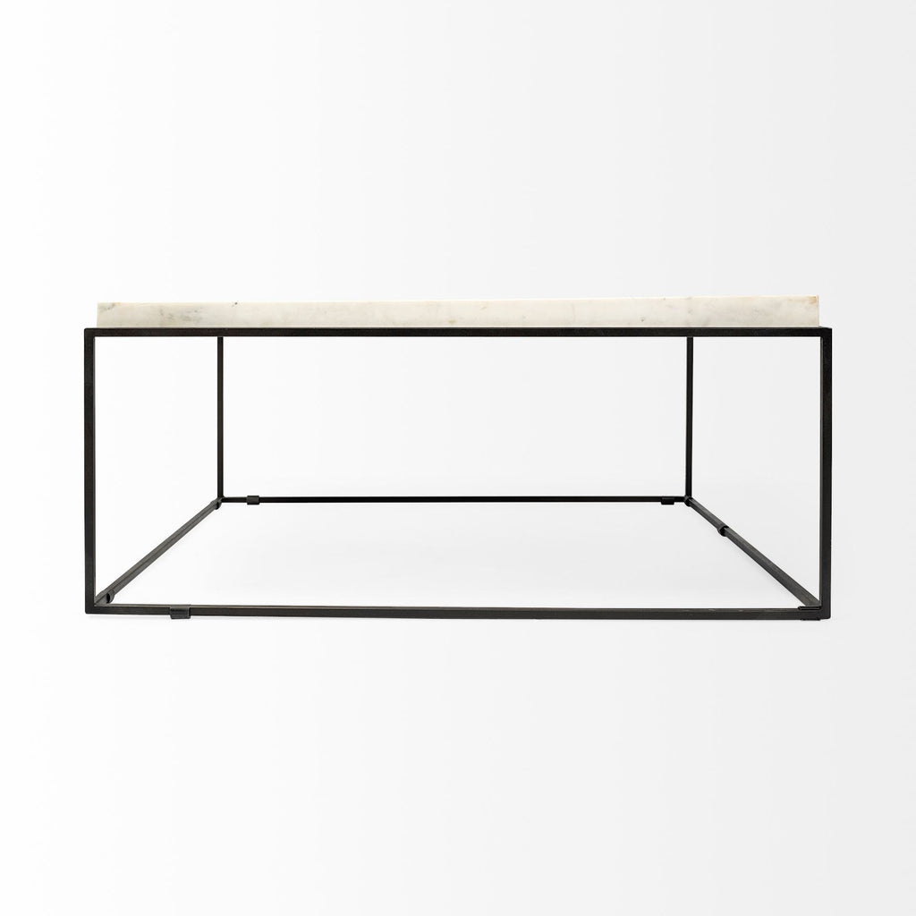 36" White And Black Genuine Marble And Metal Square Coffee Table