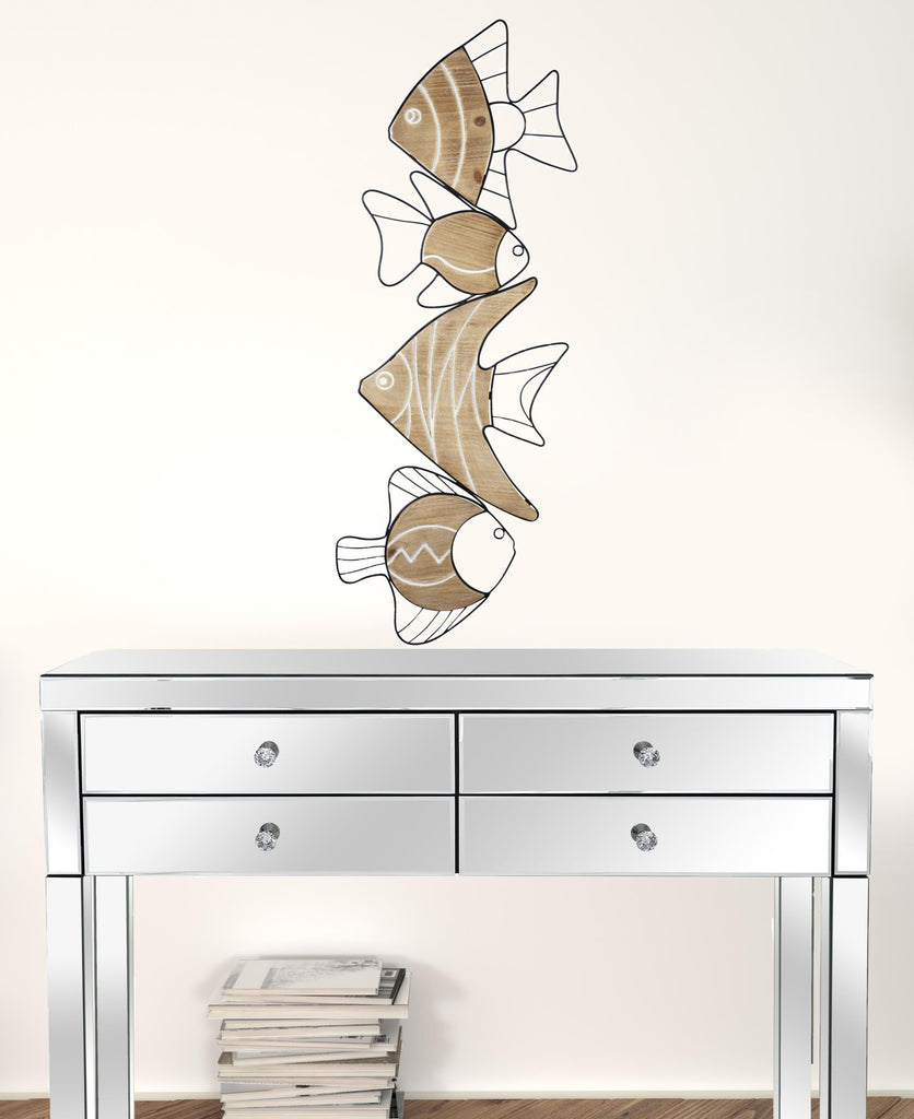 LuxxHomes  Metal And Wood Vertical Swimming Fish Wall Decor