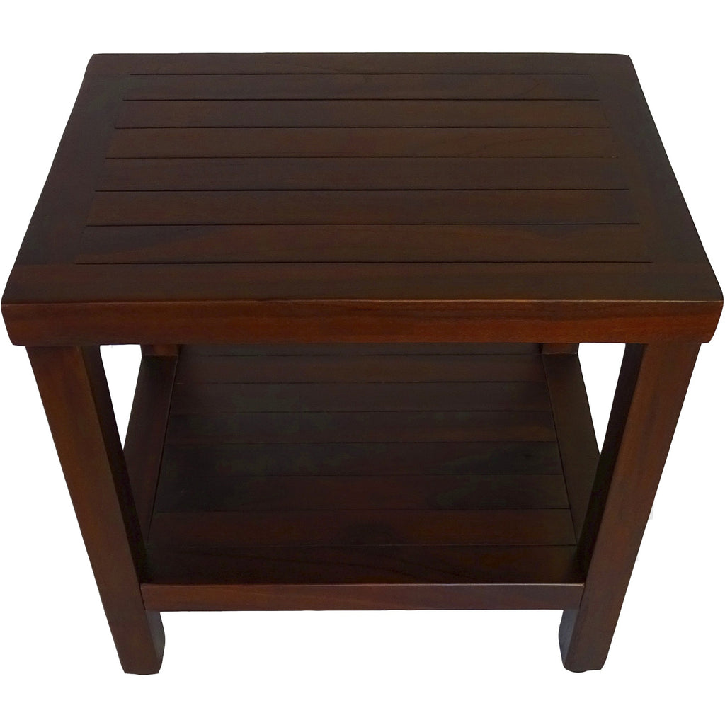 Compact Rectangular Teak Shower Or Outdoor Bench With Shelf In Brown Finish