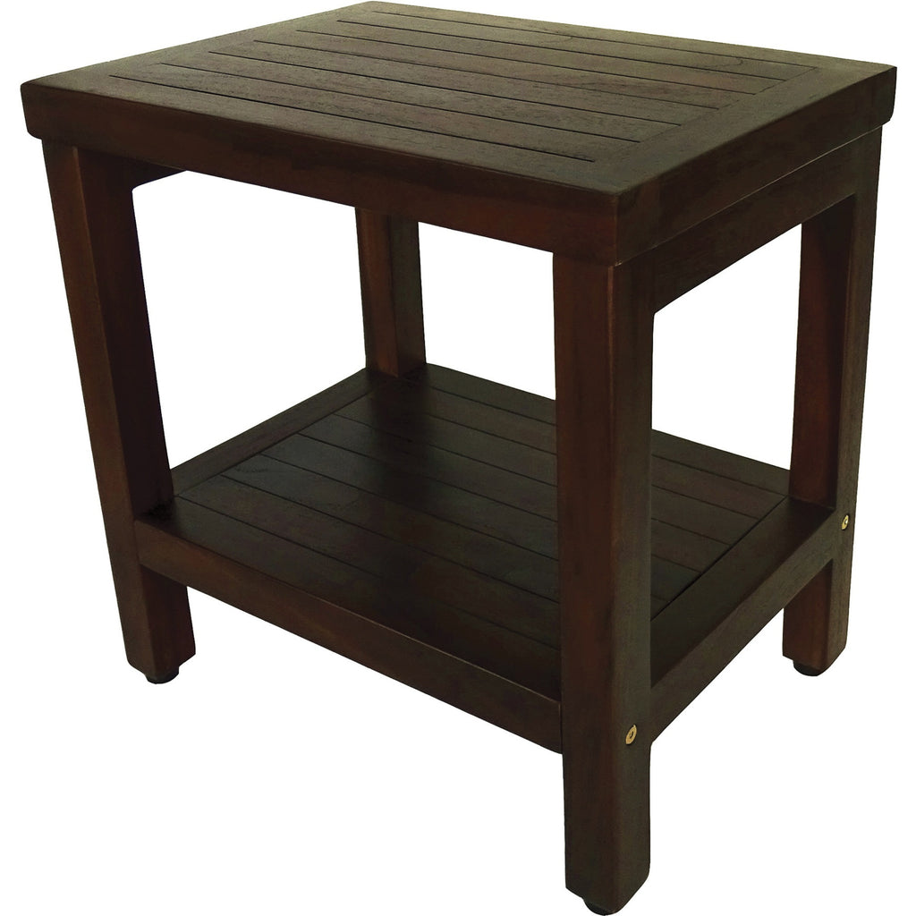 Compact Rectangular Teak Shower Or Outdoor Bench With Shelf In Brown Finish