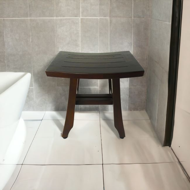 Compact Curvilinear Teak Shower Or Outdoor Bench In Brown Finish