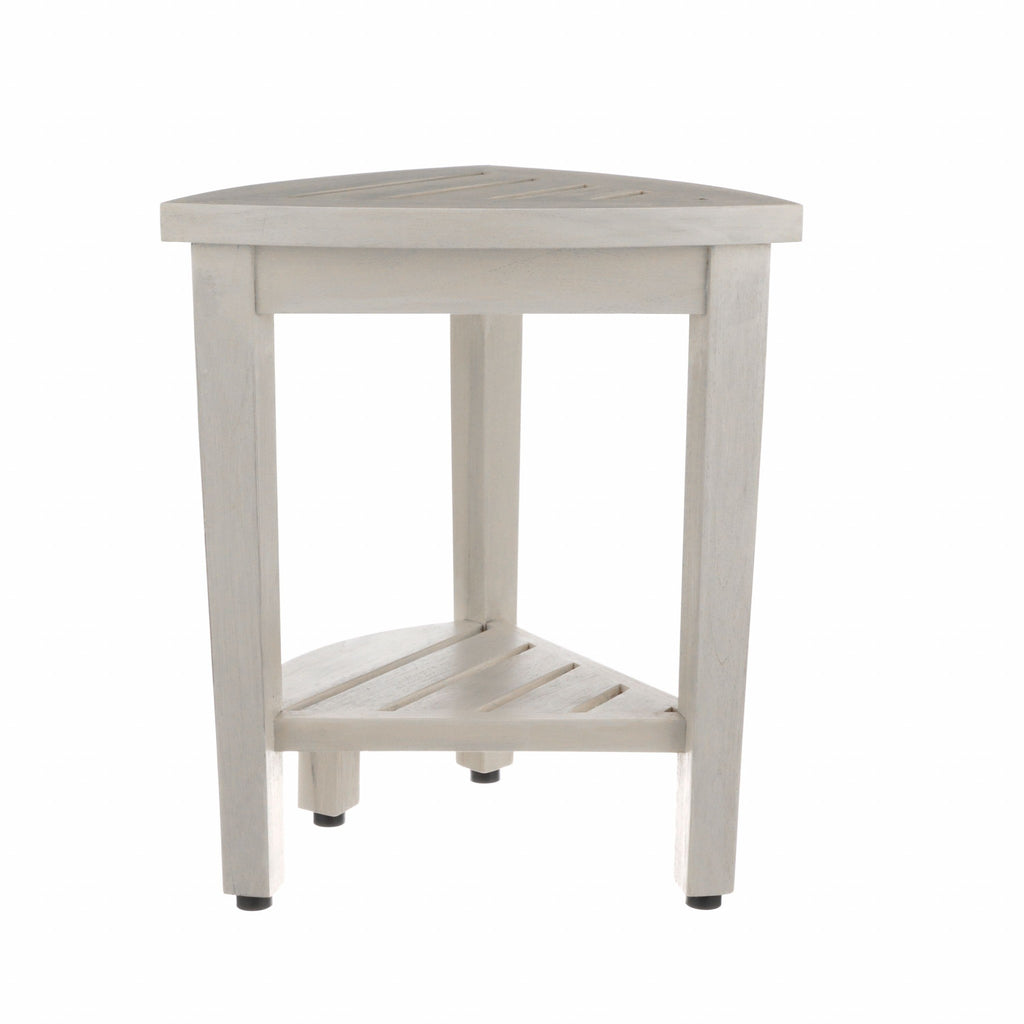 Compact Teak Corner Shower Stool With Shelf In Whitewash Finish