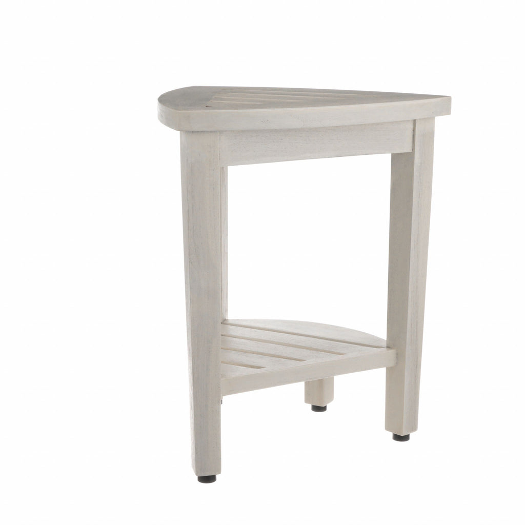 Compact Teak Corner Shower Stool With Shelf In Whitewash Finish