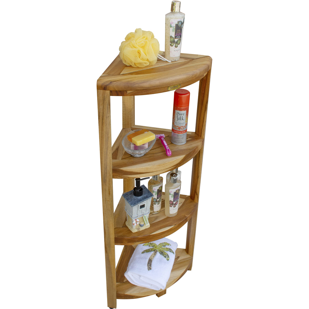 Teak Four Tier Corner Shelf In Natural Finish