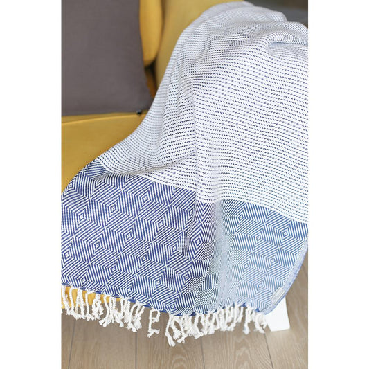 LuxxHomes  Blue And White Squares And Stripes Turkish Towel Or Throw Blanket