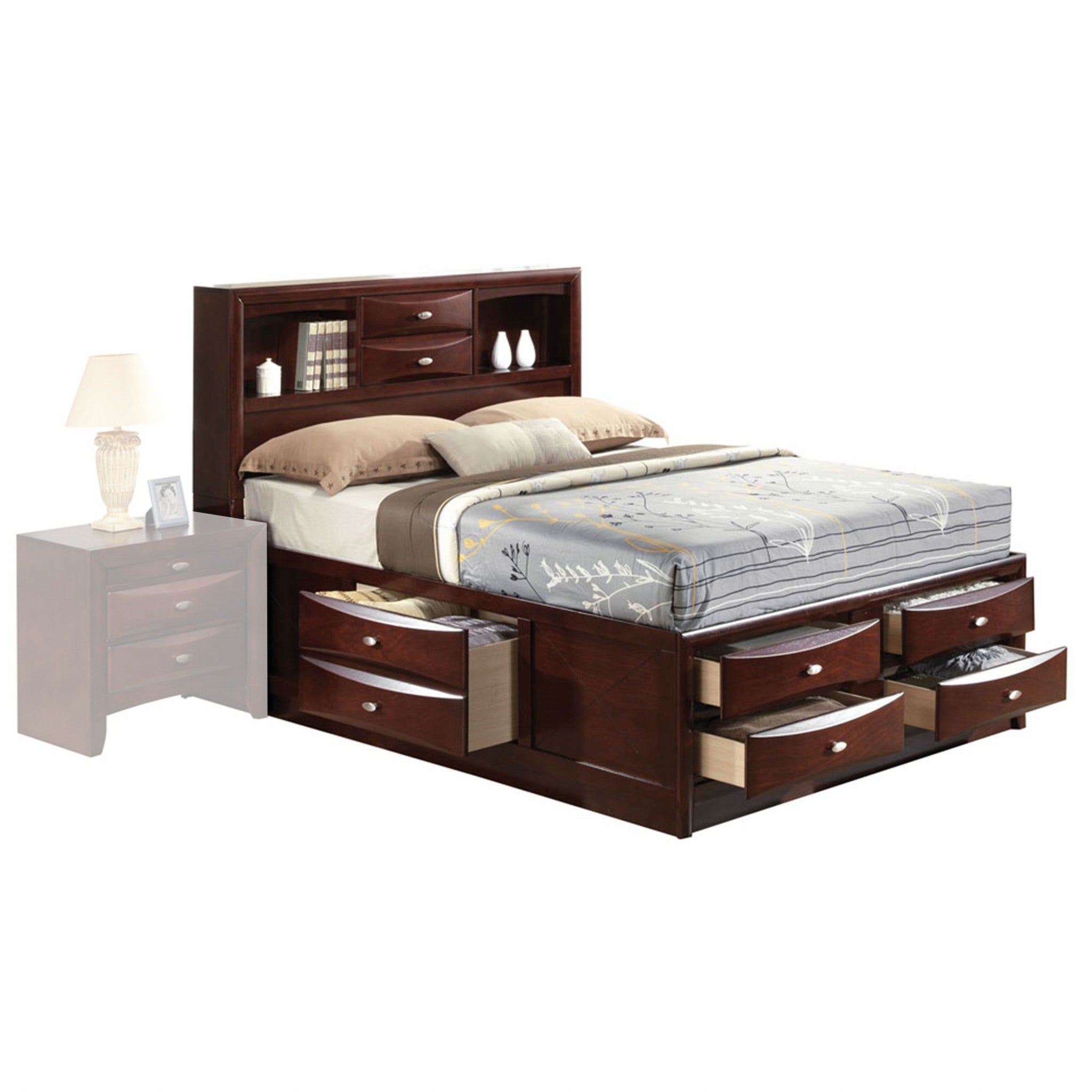 Espresso Finish Wood Multi-Drawer Platform King Bed With Pull Out Tray