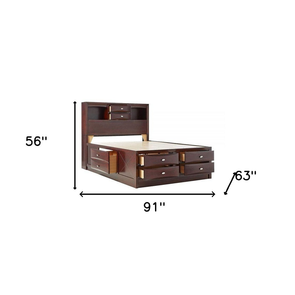 Espresso Multii-Drawer Wood Platform Queen Bed With Pull Out Tray