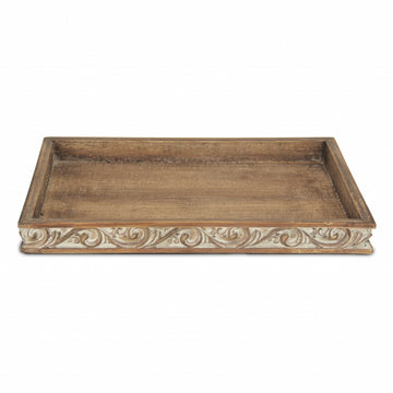 17" Brown Distressed Finish Wood Tray With Side Carvings