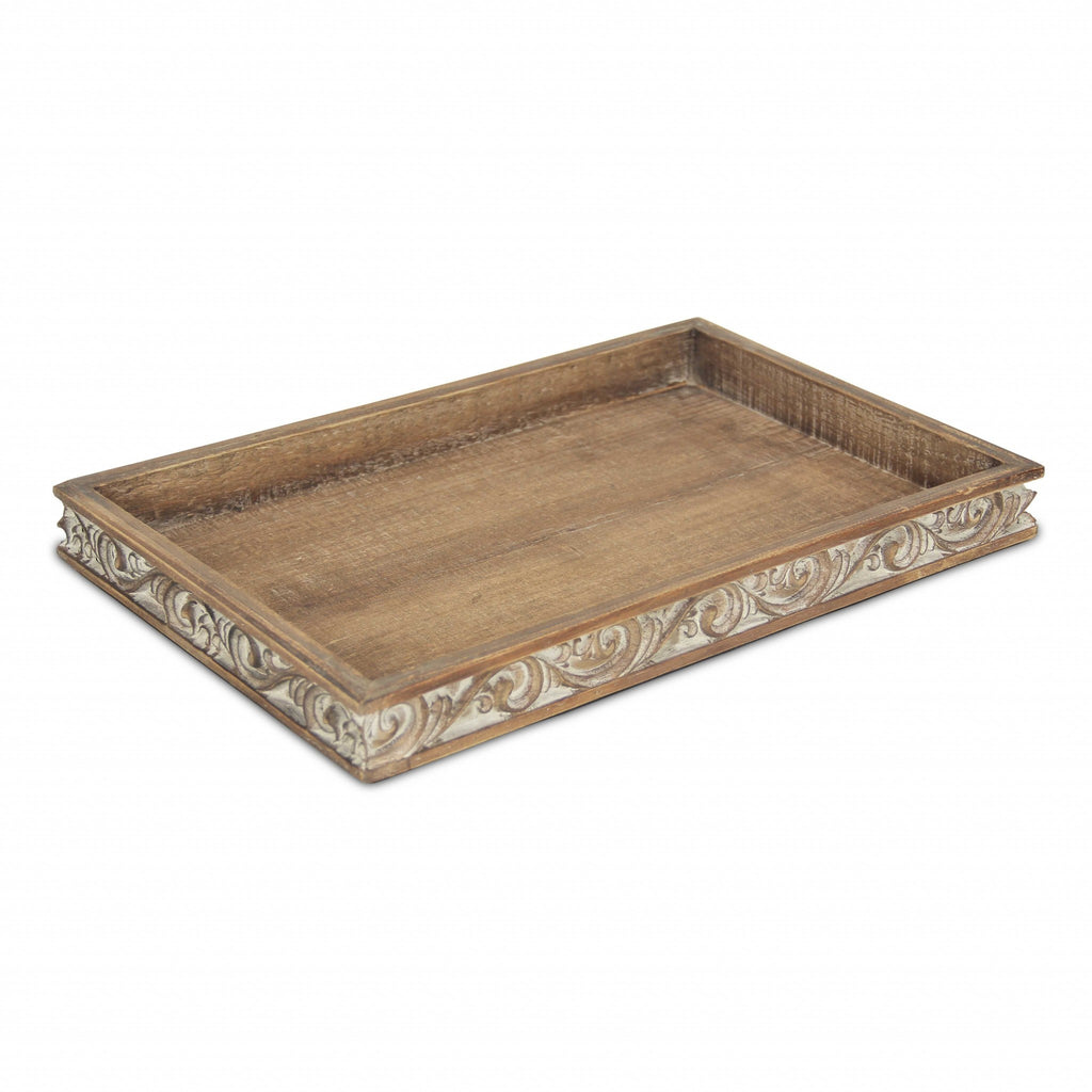 17" Brown Distressed Finish Wood Tray With Side Carvings