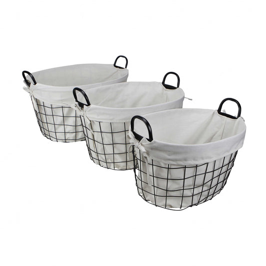 Set Of Three Black Oval Wire Baskets with White Fabric Liners and Handles