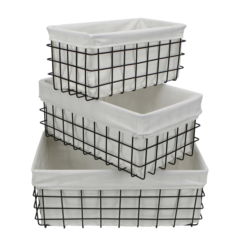 Set Of 3 Rectangular White Lined And Metal Wire Baskets