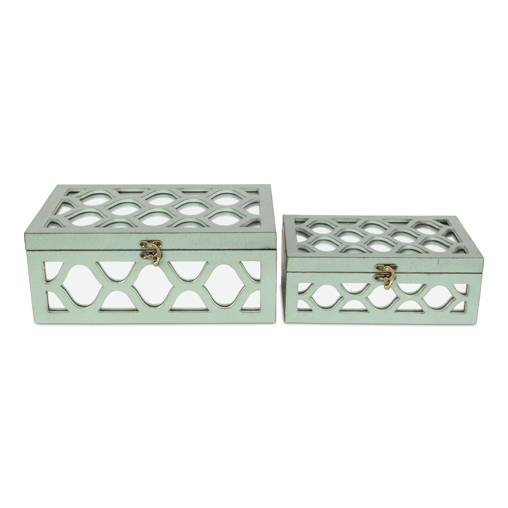 Set Of 2 Blue Wooden Boxes With Overlayed Mirror Panels