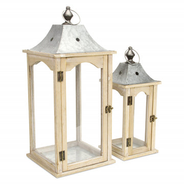 Set Of 2 Brown Wood Finished Frame Glass And Metal Top Lanterns