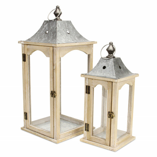 Set Of 2 Brown Wood Finished Frame Glass And Metal Top Lanterns