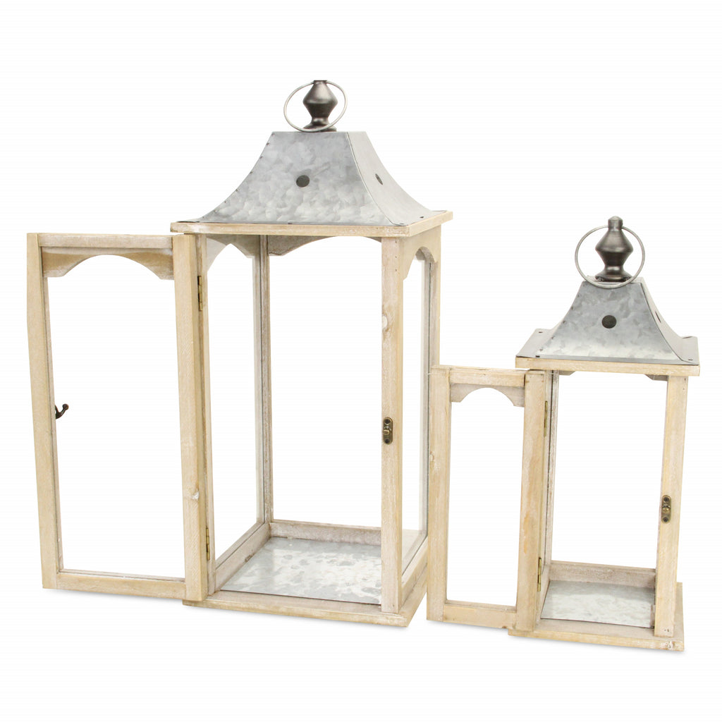 Set Of 2 Brown Wood Finished Frame Glass And Metal Top Lanterns