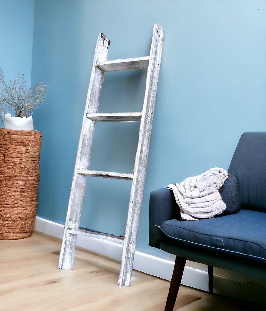 LuxxHomes  49" Whitewash Rustic Four Step Wood Ladder Shelf