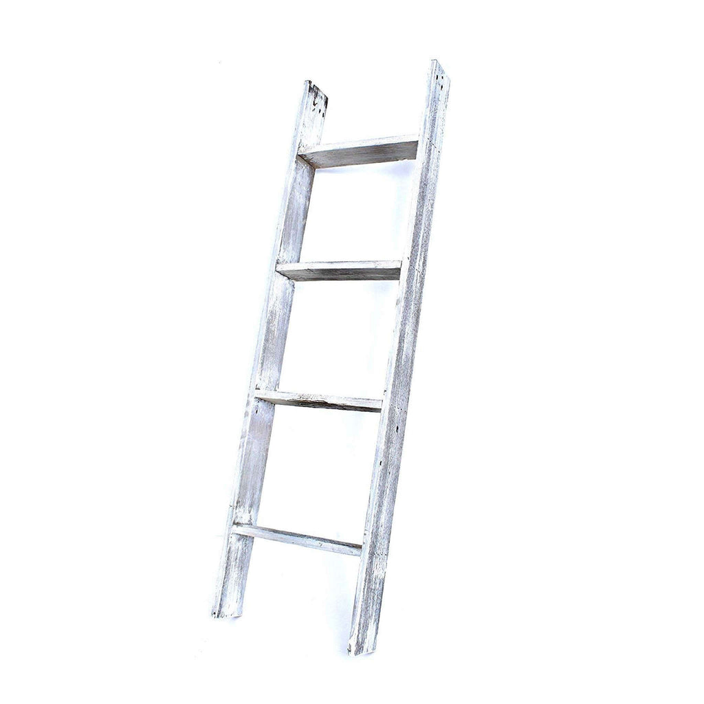 LuxxHomes  49" Whitewash Rustic Four Step Wood Ladder Shelf